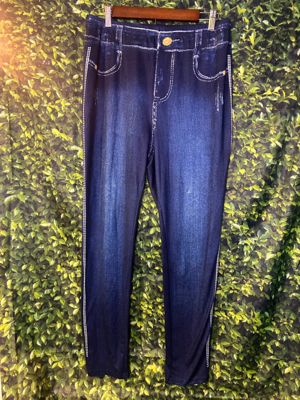 Dark Blue Denim-Look Leggings with Faux Side Rhinestone Trim